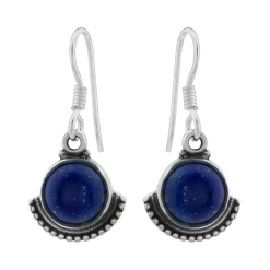 Zilveren oorhangers, ronde lapis steen met rand van bolletjes