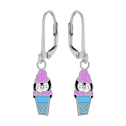 Zilveren oorhangers, roze pinguïnijsje in blauw bakje