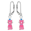 Zilveren oorhangers, roze kat met blauw kroontje