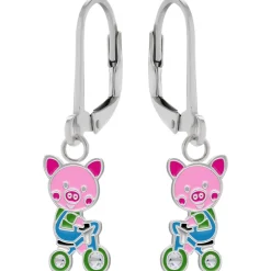 Zilveren oorhangers, roze varkentje op fiets met kristal wielen