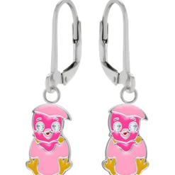 Zilveren oorhangers, roze kuiken met kristalogen uit roze ei