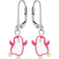 Zilveren oorhangers, roze dansende pinguin