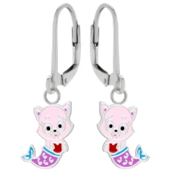 Zilveren oorhangers, roze zeemeerminkat