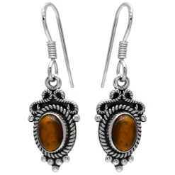 Zilveren oorhangers, Tiger's Eye steen met sierlijke randen en geoxideerde delen