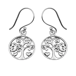 Zilveren oorhangers, tree of life met hartjes