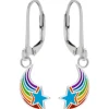 Zilveren oorhangers, vallende ster met regenboog kleuren