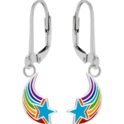 Zilveren oorhangers, vallende ster met regenboog kleuren