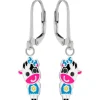 Zilveren oorhangers, vrolijke koe met blauw shirtje