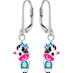 Zilveren oorhangers, vrolijke koe met blauw shirtje