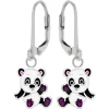 Zilveren oorhangers, vrolijke panda met paarse voetjes