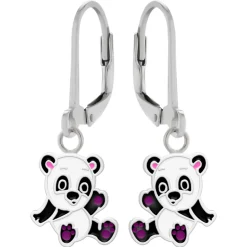 Zilveren oorhangers, vrolijke panda met paarse voetjes