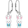 Zilveren oorhangers, wit konijn met blauw shirtje met wortel