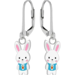 Zilveren oorhangers, wit konijn met blauw shirtje met wortel