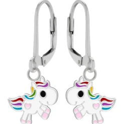 Zilveren oorhangers, witte eenhoorn met regenboog manen en staart