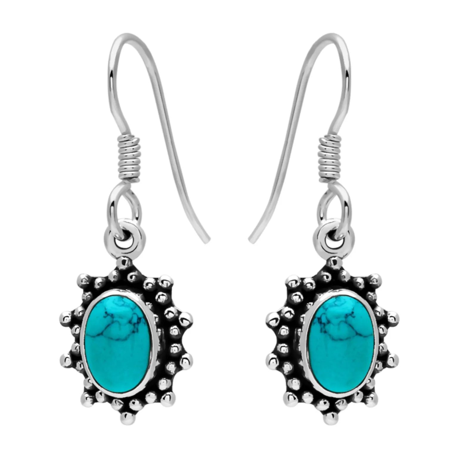 Zilveren oorhangers, zonnetje met ovale turquoise steen