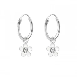 Zilveren oorringen, bloem hanger met kristal