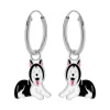 Zilveren oorringen met hanger, zwarte husky