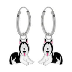 Zilveren oorringen met hanger, zwarte husky