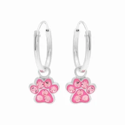 Zilveren oorringen met hanger, roze poot met kristallen