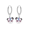 Zilveren oorringen met hanger, panda-eenhoorn met roze hartjesbril
