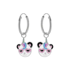 Zilveren oorringen met hanger, panda-eenhoorn met roze hartjesbril