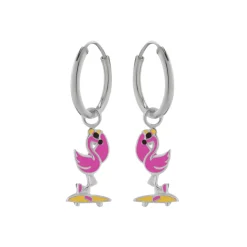 Zilveren oorringen met hanger, flamingo op skateboard