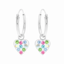 Zilveren oorringen met hanger, hart met gekleurde kristallen