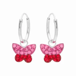Zilveren oorringen met hanger, vlinder met roze en rode kristallen