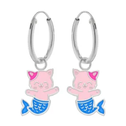 Zilveren oorringen met hanger, roze katje met blauwe zeemeerminstaart