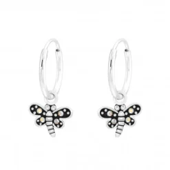 Zilveren oorringen met hanger, libelle met kristallen