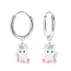 Zilveren oorringen met hanger, unicorn met pastel regenboog manen