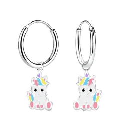 Zilveren oorringen met hanger, unicorn met pastel regenboog manen