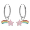 Zilveren oorringen met hanger, roze vallende ster met regenboogkleuren