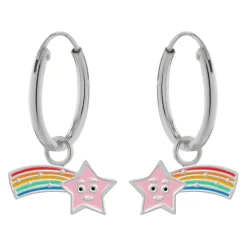 Zilveren oorringen met hanger, roze vallende ster met regenboogkleuren