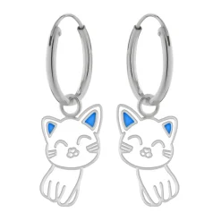 Zilveren oorringen met hanger, wit katje met blauwe oortjes