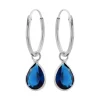 Zilveren oorringen met hanger, druppelvormige cubic zirconia steen in capri blue