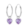 Zilveren oorringen met hanger, hartvormige cubic zirkonia steen kleur lavendel