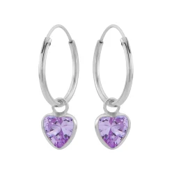 Zilveren oorringen met hanger, hartvormige cubic zirkonia steen kleur lavendel