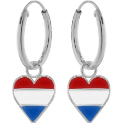 Zilveren oorringen met hanger, hartje met Nederlandse vlag
