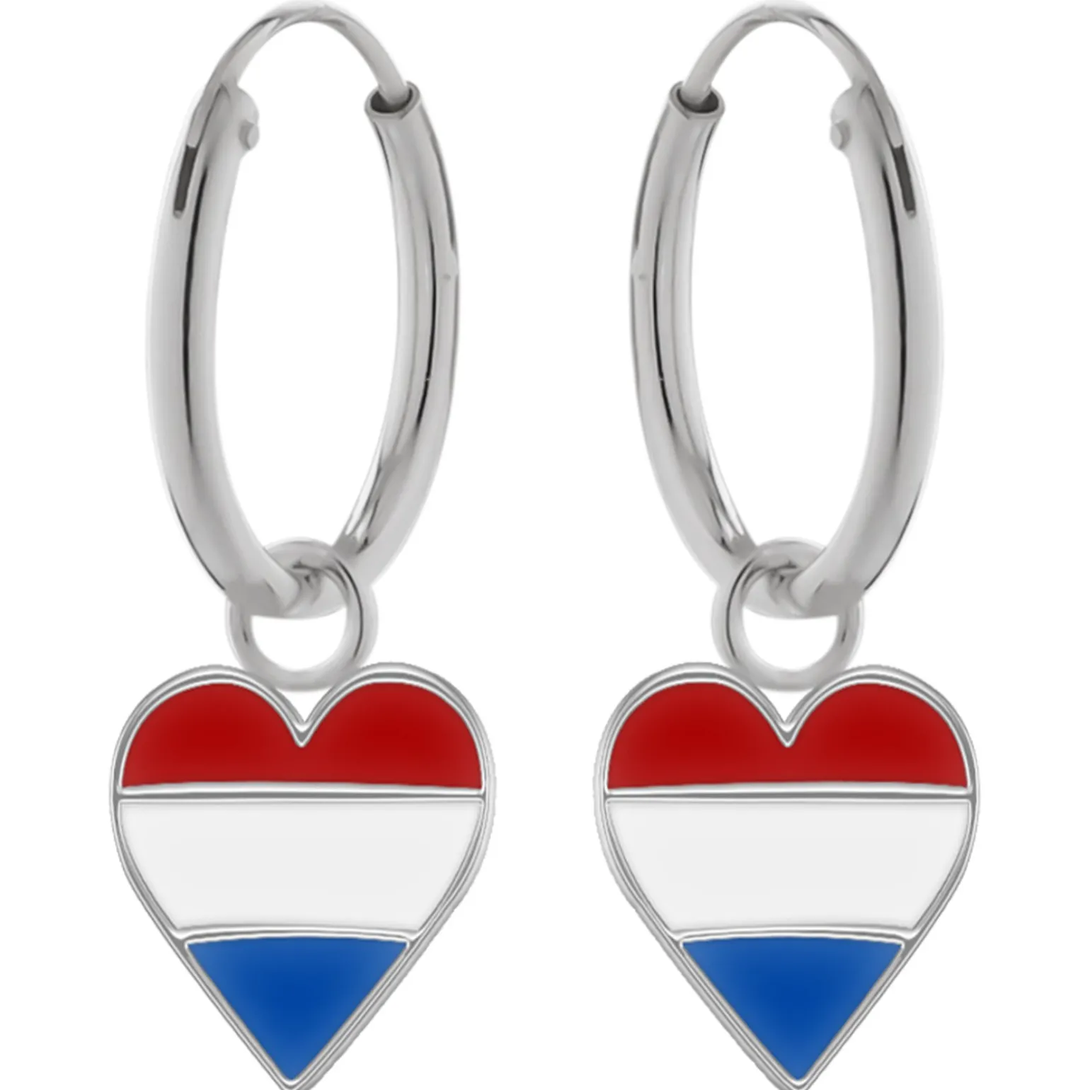 Zilveren oorringen met hanger, hartje met Nederlandse vlag
