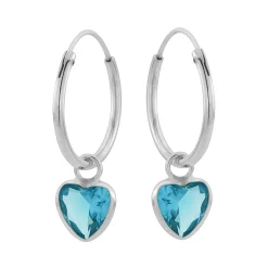 Zilveren oorringen met hanger, hartvormige cubic zirkonia steen kleur aqua marine