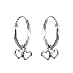 Zilveren oorringen met hanger, twee versmolten harten