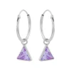 Zilveren oorringen met hanger, driehoekvormige cubic zirkonia steen kleur lavendel