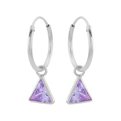 Zilveren oorringen met hanger, driehoekvormige cubic zirkonia steen kleur lavendel