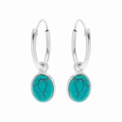 Zilveren oorringen met hanger, ovale turquoise steen