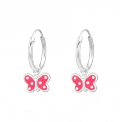 Zilveren oorringen met hanger, roze vlinder