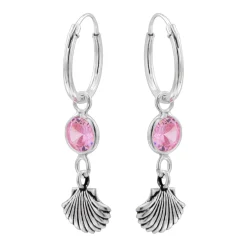 Zilveren oorringen met hanger, schelp en roze kristal