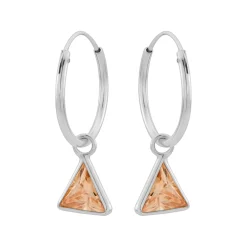 Zilveren oorringen met hanger, driehoekvormige cubic zirkonia steen kleur champagne