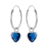 Zilveren oorringen met hanger, hartvormige cubic zirkonia steen kleur capri blue
