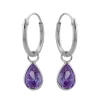 Zilveren oorringen met hanger, druppelvormig kristal amethyst